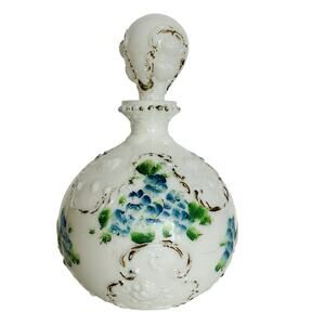 Antique Victorian Hand Painted, molded 19th Century Embossed Milk Glass Decanter